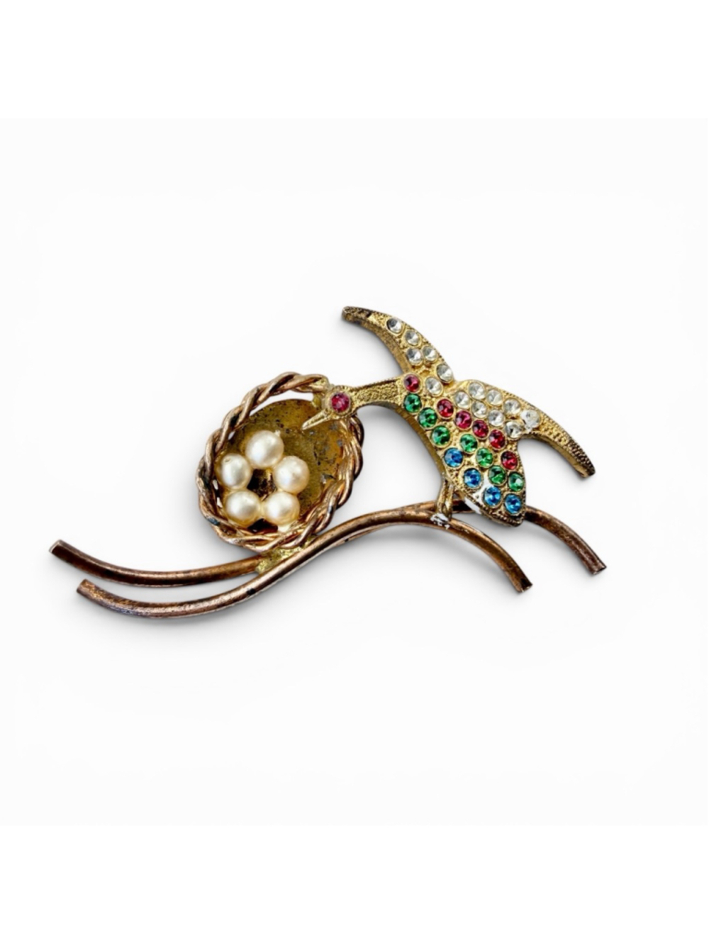 Vintage 1940s Bird Nest Brooch Rhinestone Bird Pin Pearl Nest Gold Tone Figural
